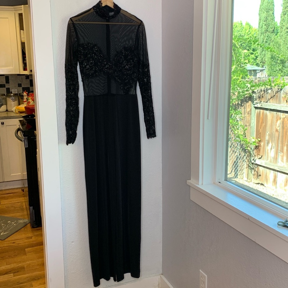 Vintage Caché Black Sheer Mesh Lace Beaded Evening Jumpsuit Goth Glam Flare leg